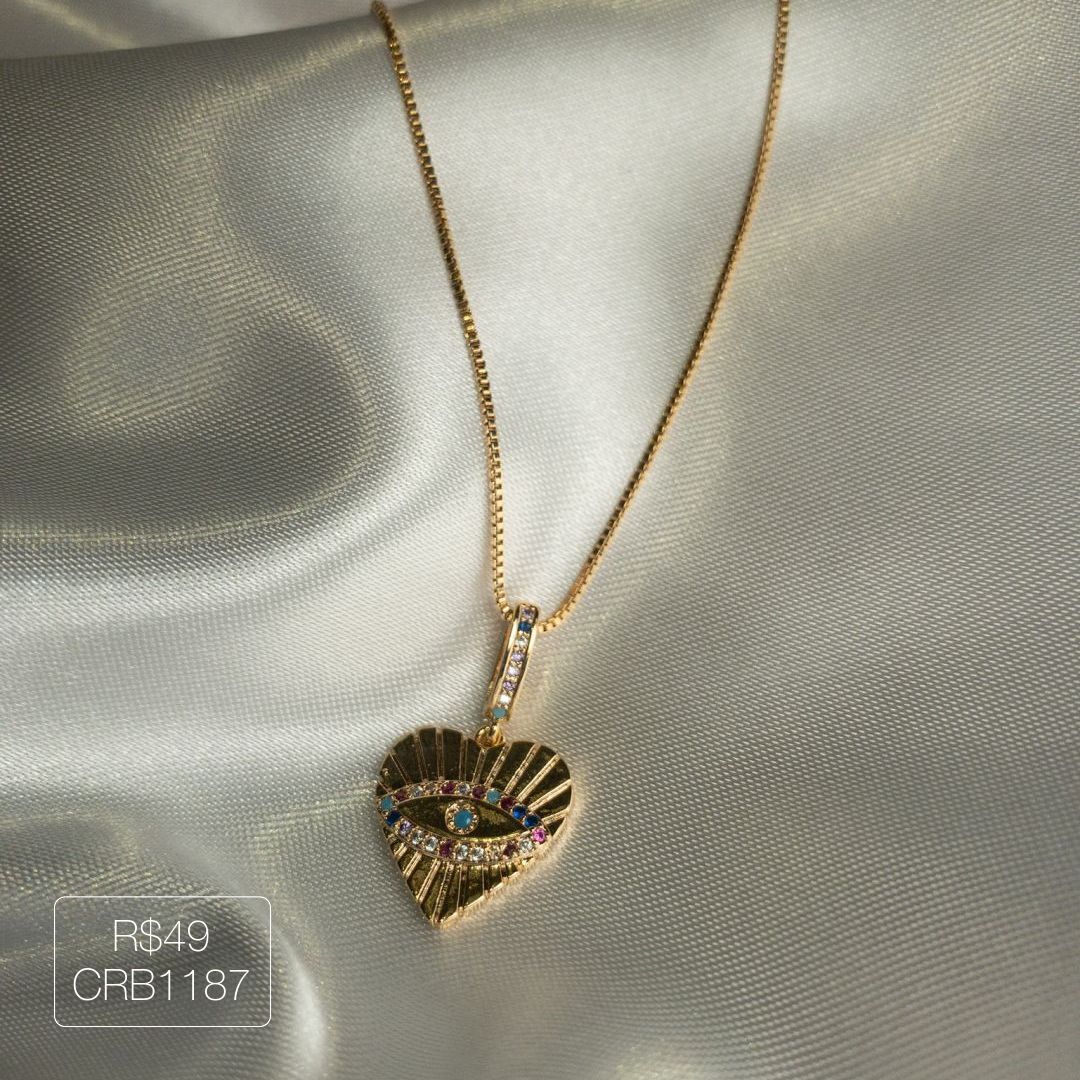 Colar Olho Grego Coração Rainbow 50Cm